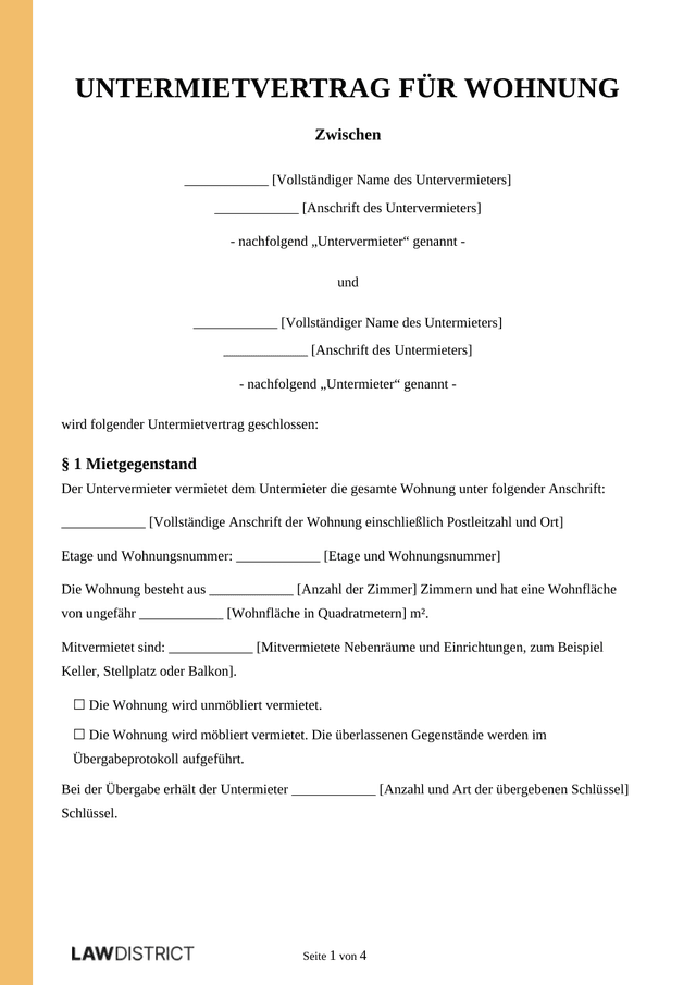 Untermietvertrag für Wohnung Muster